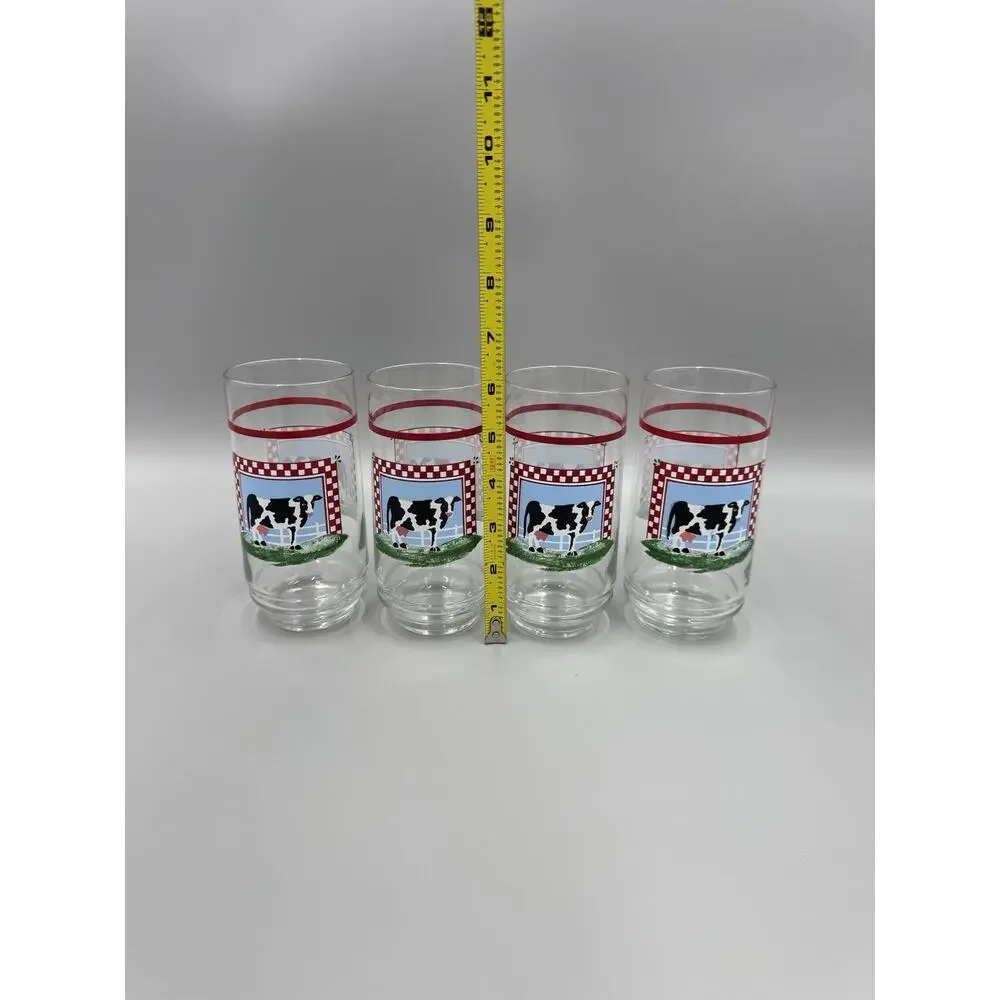 Vintage Fannies Farm Cow Glass Tumblers Set of 4 Glasses Farmhouse Kitchen USA